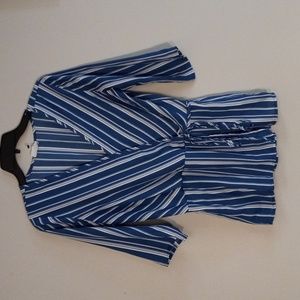 Sienna Sky Blue, White and Gray, Stripped 3/4 Sleeve, V neck, Tie Blouse